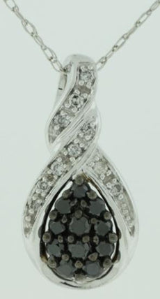 .25CT WHITE & BLACK DIAMOND 14KT WHITE GOLD CLUSTER TEAR DROP FLOATING PENDANT