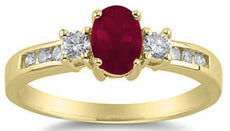 1.23CT DIAMOND & AAA RUBY 14KT YELLOW GOLD OVAL & ROUND 3 STONE FRIENDSHIP RING