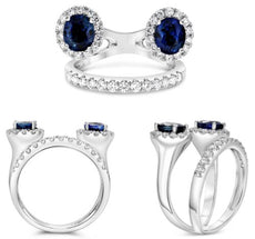 2.45CT DIAMOND & AAA SAPPHIRE 18K WHITE GOLD OVAL & ROUND DOUBLE FLOWER FUN RING