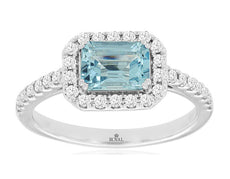 1.2CT DIAMOND & AAA AQUAMARINE 14KT WHITE GOLD EMERALD CUT HALO ENGAGEMENT RING