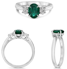 1.73CT DIAMOND & AAA EMERALD PLATINUM 3D OVAL CLASSIC 3 STONE ENGAGEMENT RING