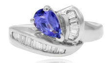 1.0CT DIAMOND & AAA TANZANITE 14KT WHITE GOLD 3D PEAR SHAPE & BAGUETTE LOVE RING
