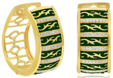 WIDE .31CT DIAMOND & GREEN ENAMEL 18K YELLOW GOLD OPEN FILIGREE HANGING EARRINGS