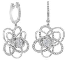 .89CT DIAMOND 14K WHITE GOLD 3D CLASSIC MULTI ROW FLOWER HUGGIE HANGING EARRINGS