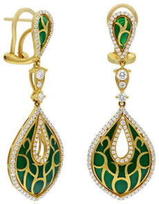 1.23CT DIAMOND & GREEN ENAMEL 18KT YELLOW GOLD TEAR DROP ETOILE HANGING EARRINGS