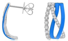 .34CT DIAMOND & BLUE ENAMEL 14KT WHITE GOLD MULTI ROW CRISS CROSS LOVE EARRINGS