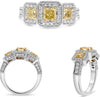 1.96CT WHITE & FANCY YELLOW DIAMOND 18K 2 TONE GOLD CUSHION & ROUND 3 STONE RING
