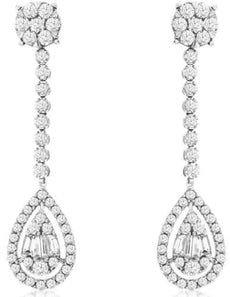 1.58CT DIAMOND 14KT WHITE GOLD ROUND & BAGUETTE CLUSTER FLOWER HANGING EARRINGS