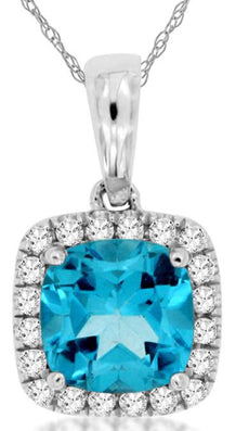 1.26CT DIAMOND & AAA BLUE TOPAZ 14KT WHITE GOLD CUSHION & ROUND FLOATING PENDANT