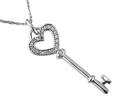 .09CT DIAMOND 14KT WHITE GOLD 3D CLASSIC KEY TO YOUR HEART LOVE FLOATING PENDANT