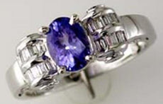 1.07CT DIAMOND & AAA TANZANITE 14KT WHITE GOLD OVAL & BAGUETTE ENGAGEMENT RING