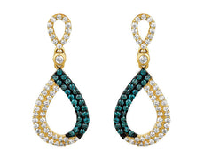 .84CT WHITE & BLUE DIAMOND 14K BLACK & YELLOW GOLD 2 ROW OPEN TEAR DROP EARRINGS