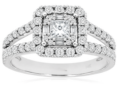 LARGE .96CT DIAMOND 14KT WHITE GOLD 3D PRINCESS ROUND & BAGUETTE ENGAGEMENT RING