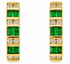 1.27CT DIAMOND & AAA EMERALD 14K YELLOW GOLD ROUND & BAGUETTE SEMI HOOP EARRINGS