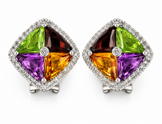 LARGE 6.3CT DIAMOND & AAA MULTI GEM 14K WHITE GOLD TRILLION GEOMETRICAL EARRINGS