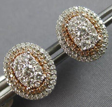 LARGE .69CT DIAMOND 14KT 2 TONE GOLD 3D CLUSTER OVAL DOUBLE HALO STUD EARRINGS
