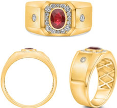 1.34CT DIAMOND & AAA RUBY 14KT YELLOW GOLD OVAL & ROUND BEZEL OCTAGON MENS RING