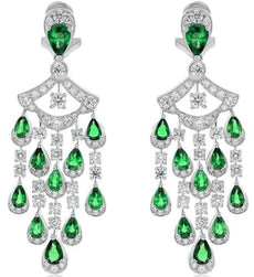 LARGE 9.48CT DIAMOND & AAA EMERALD 18KT WHITE GOLD ROUND & PEAR SHAPE EARRINGS