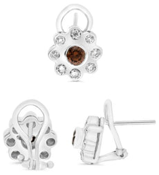 1.21CT WHITE & CHOCOLATE FANCY DIAMOND 14KT WHITE GOLD 3D FLOWER ETOILE EARRINGS