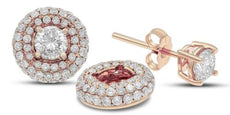 LARGE 1.9CT DIAMOND 14KT ROSE GOLD SOLITAIRE 3 ROW HALO STUD JACKET EARRING SET