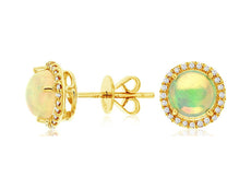 2.05CT DIAMOND & AAA OPAL 14KT YELLOW GOLD 3D ROUND HALO CLASSIC STUD EARRINGS