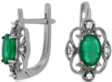 1.68CT DIAMOND & AAA EMERALD 14K WHITE GOLD OVAL & ROUND FLOWER HANGING EARRINGS