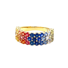 3.29CT AAA MULTI COLOR SAPPHIRE 18KT YELLOW GOLD SHARED PRONG ANNIVERSARY RING