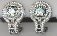 2.13CT DIAMOND 18KT WHITE GOLD 3D ROUND & BAGUETTE DOUBLE HALO FLOWER EARRINGS