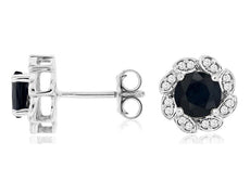 ESTATE 1.72CT DIAMOND & AAA SAPPHIRE 14KT WHITE GOLD ROUND FLOWER STUD EARRINGS