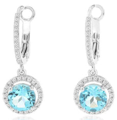 2.16CT DIAMOND & AAA BLUE TOPAZ 14KT WHITE GOLD 3D ROUND HALO HANGING EARRINGS