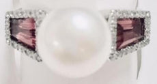 1.22CT DIAMOND & AAA PINK TOURMALINE & SOUTH SEA PEARL 14KT WHITE GOLD 3D RING