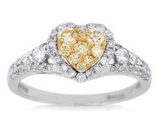 .81CT WHITE & FANCY YELLOW DIAMOND 14K 2 TONE GOLD 3D HEART SHAPE HALO LOVE RING