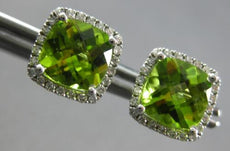 3.41CT DIAMOND & AAA PERIDOT 14KT WHITE GOLD CUSHION & ROUND HALO STUD EARRINGS