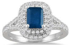 1.45CT DIAMOND & AAA SAPPHIRE 14K WHITE GOLD EMERALD CUT & ROUND ENGAGEMENT RING