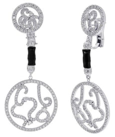 LARGE 6.77CT DIAMOND & AAA ONYX 18K WHITE GOLD CIRCULAR CHANDELIER FUN EARRINGS