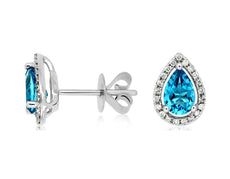 1.12CT DIAMOND & AAA BLUE TOPAZ 14KT WHITE GOLD PEAR SHAPE & ROUND STUD EARRINGS