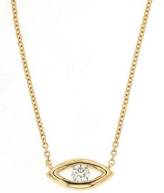 .08CT DIAMOND 14K YELLOW GOLD 3D ROUND CLASSIC SOLITAIRE LUCKY EVIL EYE NECKLACE