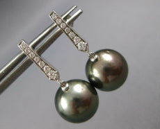ESTATE .15CT DIAMOND & AAA TAHITIAN PEARL 14K WHITE GOLD 3D BAR HANGING EARRINGS