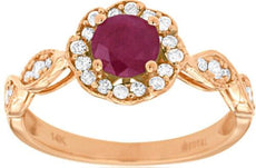 1.04CT DIAMOND & AAA RUBY 14KT ROSE GOLD ROUND HALO FLORAL FRIENDSHIP LOVE RING
