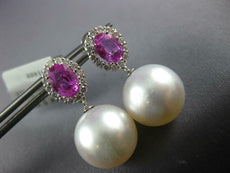 LARGE DIAMOND PINK SAPPHIRE & SOUTH SEA PEARL 18KT WHITE GOLD HANGING EARRINGS