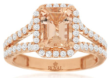 2.11CT DIAMOND & AAA MORGANITE 14K ROSE GOLD EMERALD CUT & ROUND ENGAGEMENT RING
