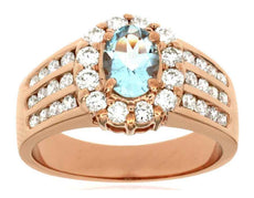 1.6CT DIAMOND & AAA AQUAMARINE 14K ROSE GOLD OVAL & ROUND FLOWER ENGAGEMENT RING