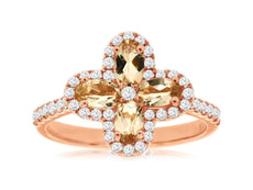 1.2CT DIAMOND & AAA MORGANITE 14K ROSE GOLD OVAL & ROUND 4 LEAF CLOVER LOVE RING