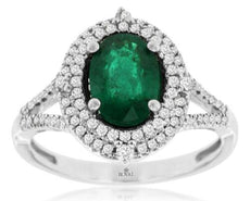 1.43CT DIAMOND & AAA EMERALD 14KT WHITE GOLD 3D OVAL DOUBLE HALO ENGAGEMENT RING