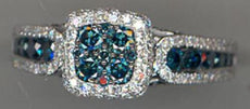 1.48CT WHITE & BLUE DIAMOND 14KT WHITE GOLD 3D CLUSTER FLOWER SQUARE LOVE RING