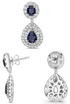 5.58CT DIAMOND & AAA SAPPHIRE 18KT WHITE GOLD PEAR SHAPE & ROUND FLOWER EARRINGS
