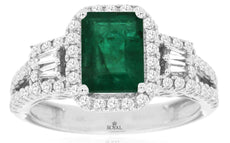 2.18CT DIAMOND & AAA EMERALD 14KT WHITE GOLD 3D ROUND & BAGUETTE ENGAGEMENT RING