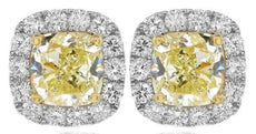 ESTATE LARGE 4.98CT WHITE & CANARY DIAMOND 18K 2 TONE GOLD CUSHION STUD EARRINGS