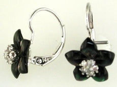 ESTATE .12CT DIAMOND & AAA ONYX 14K WHITE GOLD FLOWER LEVERBACK HANGING EARRINGS