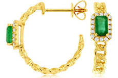 .40CT DIAMOND & AAA EMERALD 14K YELLOW GOLD 3D SQUARE HALO HOOP HANGING EARRINGS